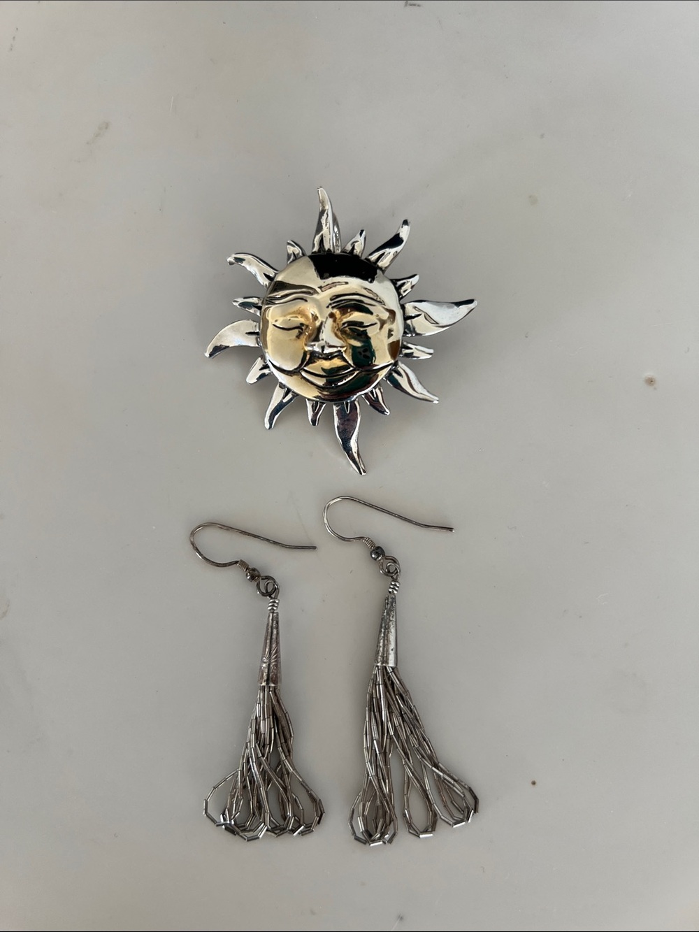 Silver Sun Face Brooch and Tassel Drop Earrings Set - Silver